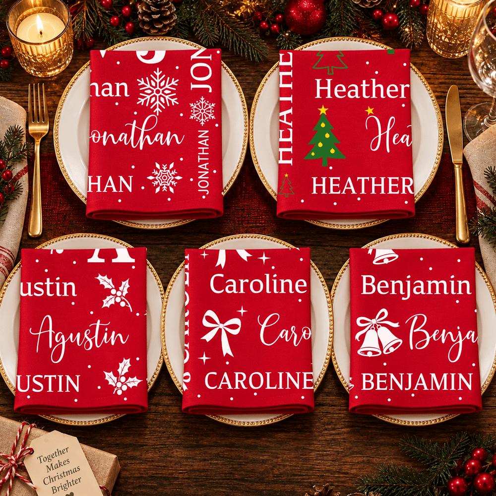 Personalized Christmas Theme Pattern 100% Cotton Reusable Red Napkin with Word Cloud Name Table Decor Christmas Gift for Family Friend 7