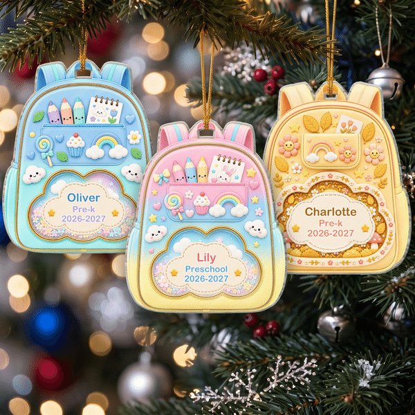 Gepersonaliseerd acrylornament in de vorm van een schoolrugzak met cartoonmotief uit de Fantasy-serie, voorzien van naam en jaartal – kerst- en verjaardagscadeau voor kinderen en het hele gezin