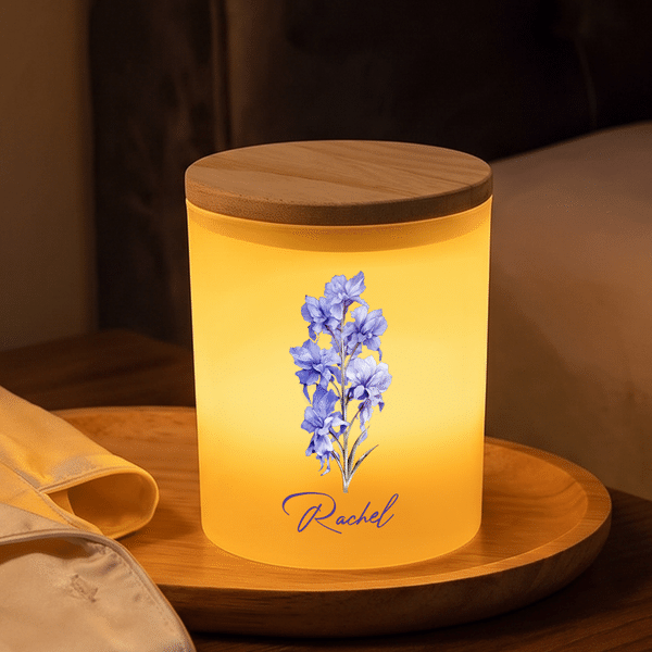 Personalised Birth Flower LED Candle Jar with Name and Wooden Lid Birthday Christmas Gift for Women Girls