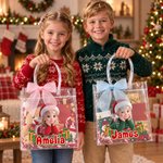 Bolsa transparente con motivos navideños personalizados: de foto a personaje de dibujos animados, con nombre. Regalo de Navidad para niños y niñas