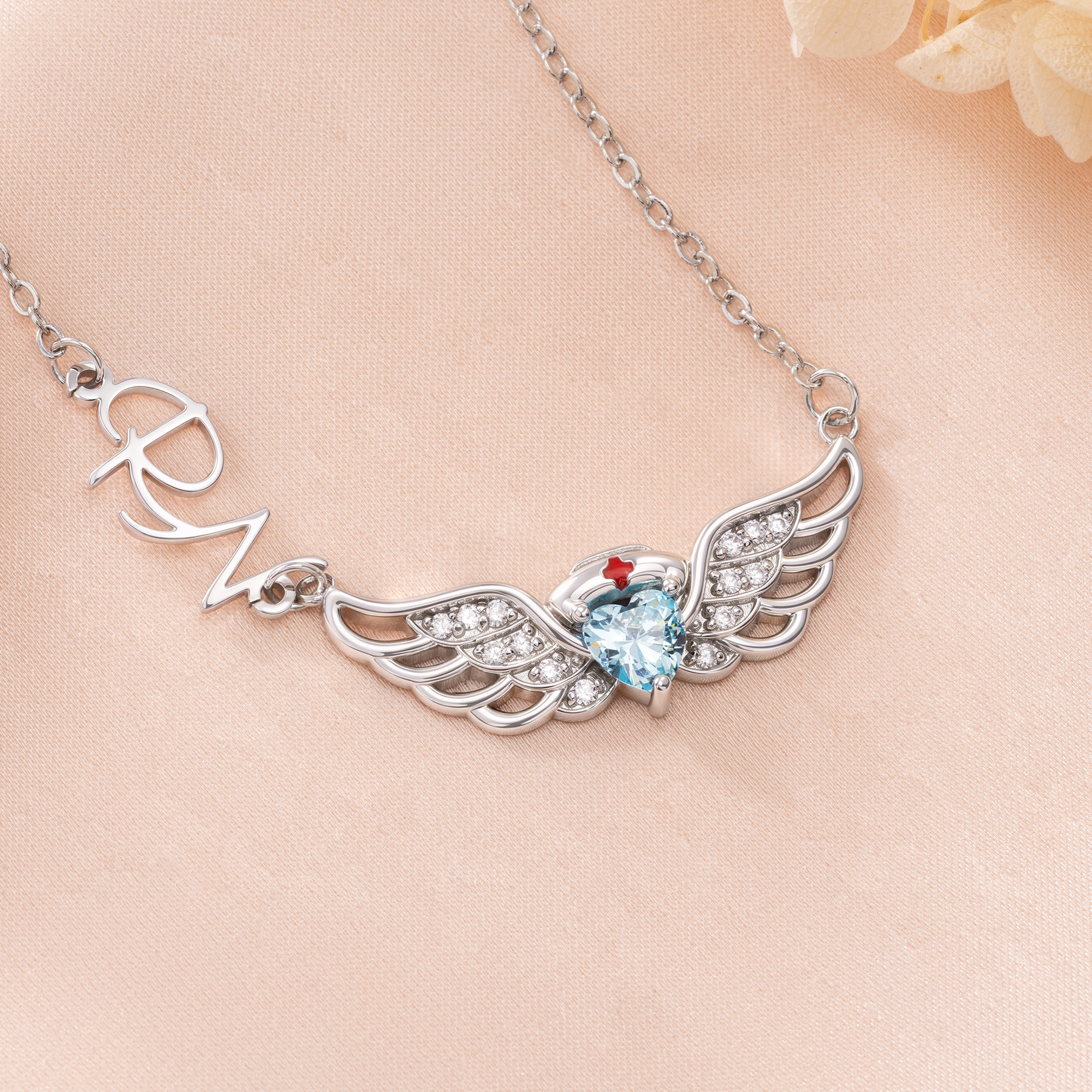 Personalized Heart Birthstone Nurse Hat Angel Wings Sterling Silver Necklace with Name Nurse Week Appreciation Gift for Nurse Medical Staff