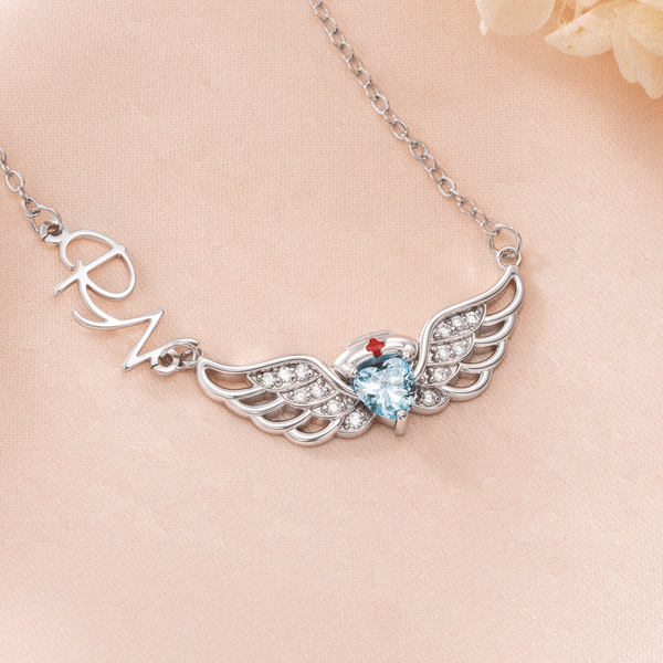 Personalised Heart Birthstone Nurse Hat Angel Wings Sterling Silver Necklace with Name Nurse Week Appreciation Gift for Nurse Medical Staff