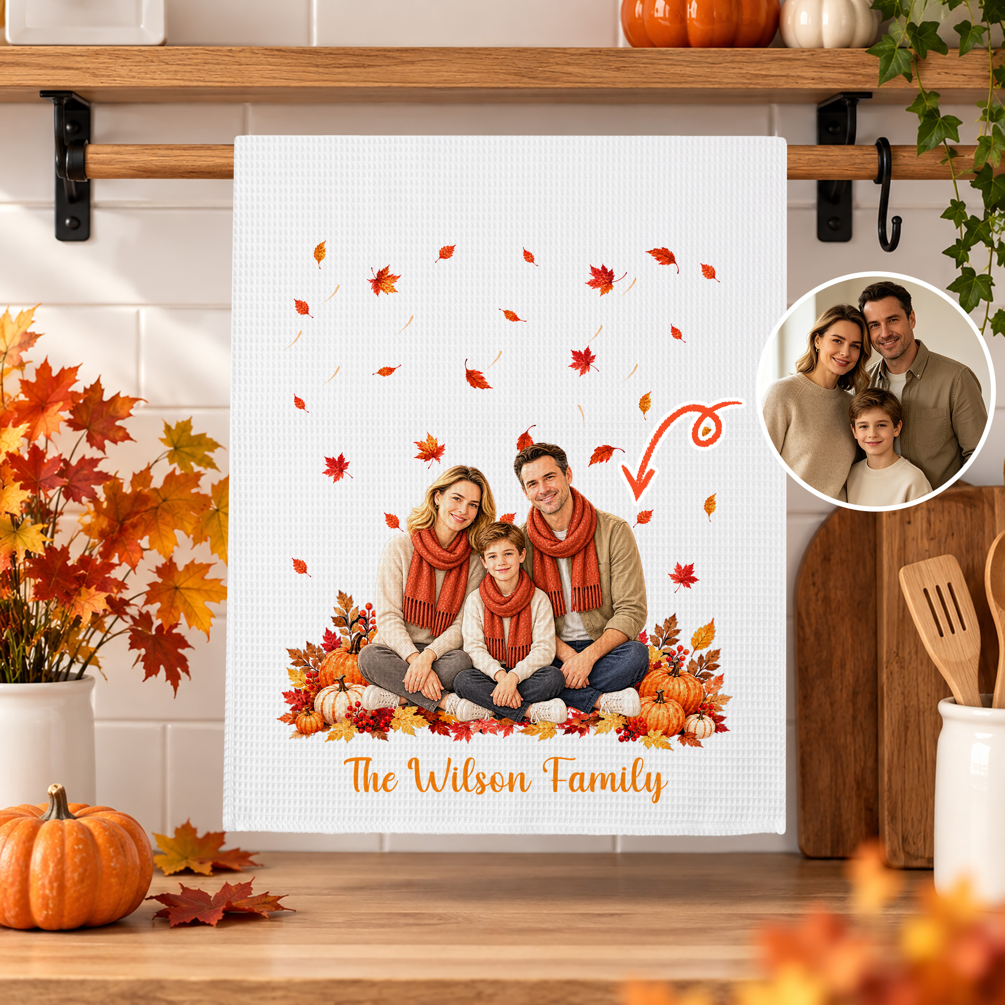 Personalisiertes Geschirrtuch im Herbst-Design im Aquarellstil mit Namen – super saugfähig – als Geschenk zum Erntedankfest oder zur Einweihungsfeier für Familie und Freunde