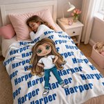 Personalized Cartoon Comic Photo Multicolor Soft Throw Blanket with Name Home Use Birthday Christmas Gift for Kids Teenagers