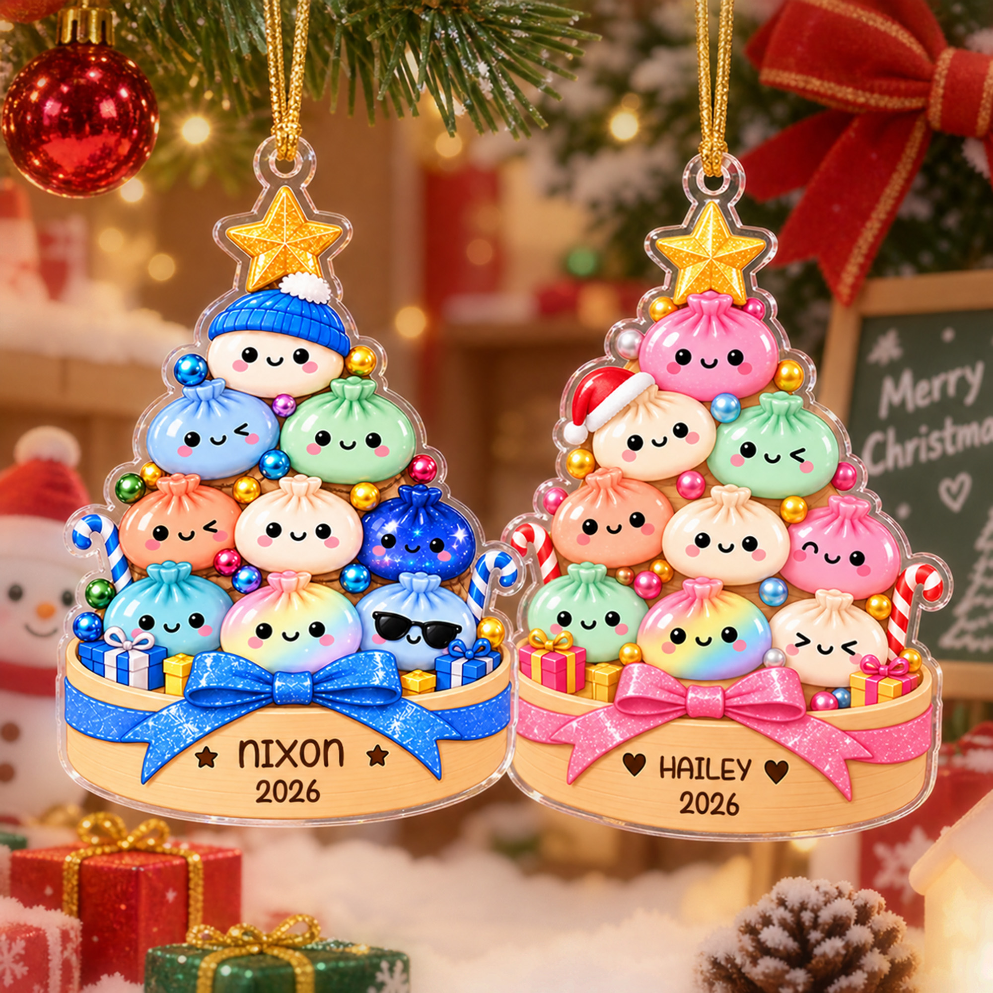 Personalised Glitter Dumpling Bao Christmas Tree Ornament with Name and Year Holiday Decor Christmas Gift for Kids Family