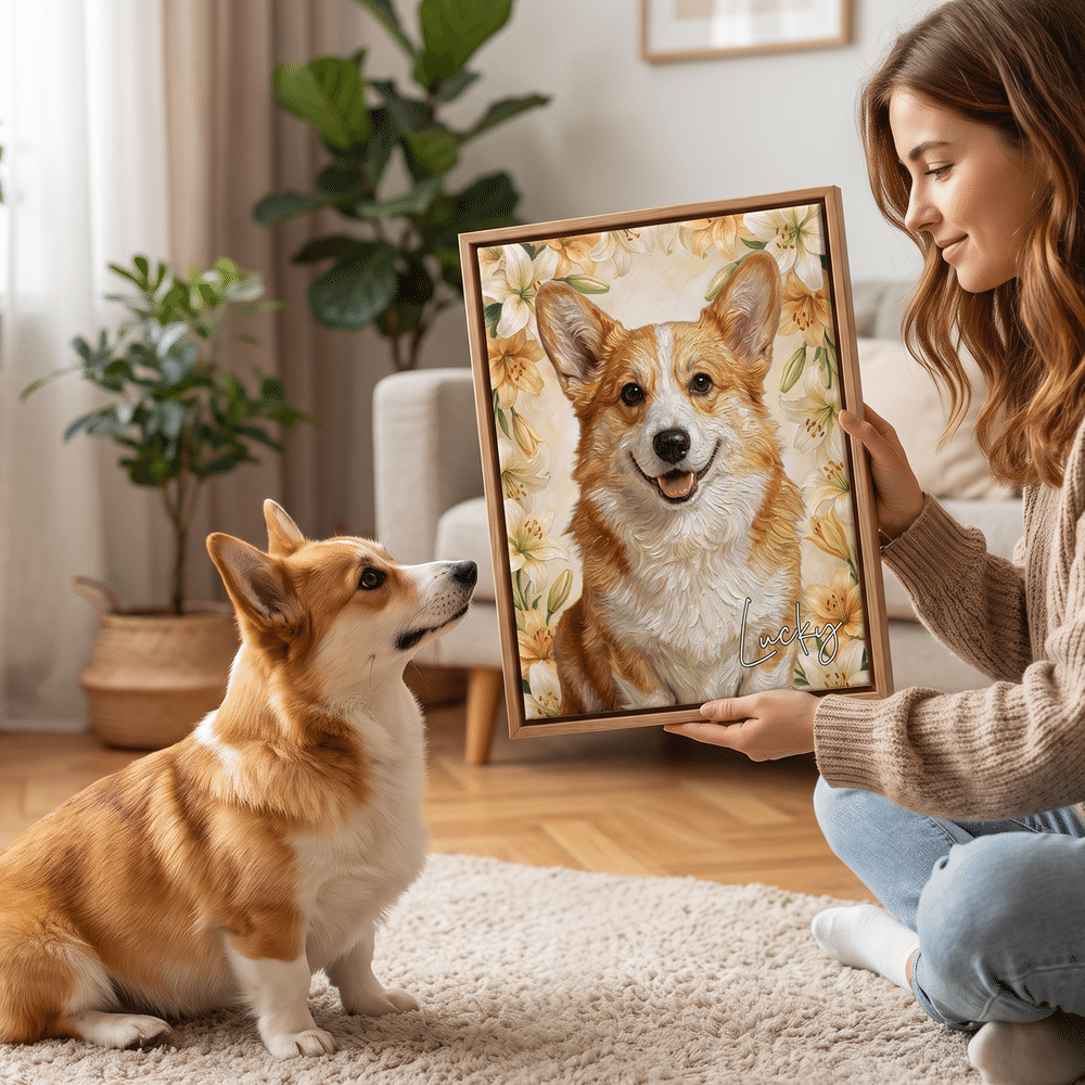 Tablesau sur toile personnalisé représentant votre animal de compagnie, réalisé dans le style d'une peinture à l'huile avec sa fleur de naissance et son nom – Décoration d'intérieur et cadeau d'anniversaire pour les propriétaires d'animaux de compagnie 2