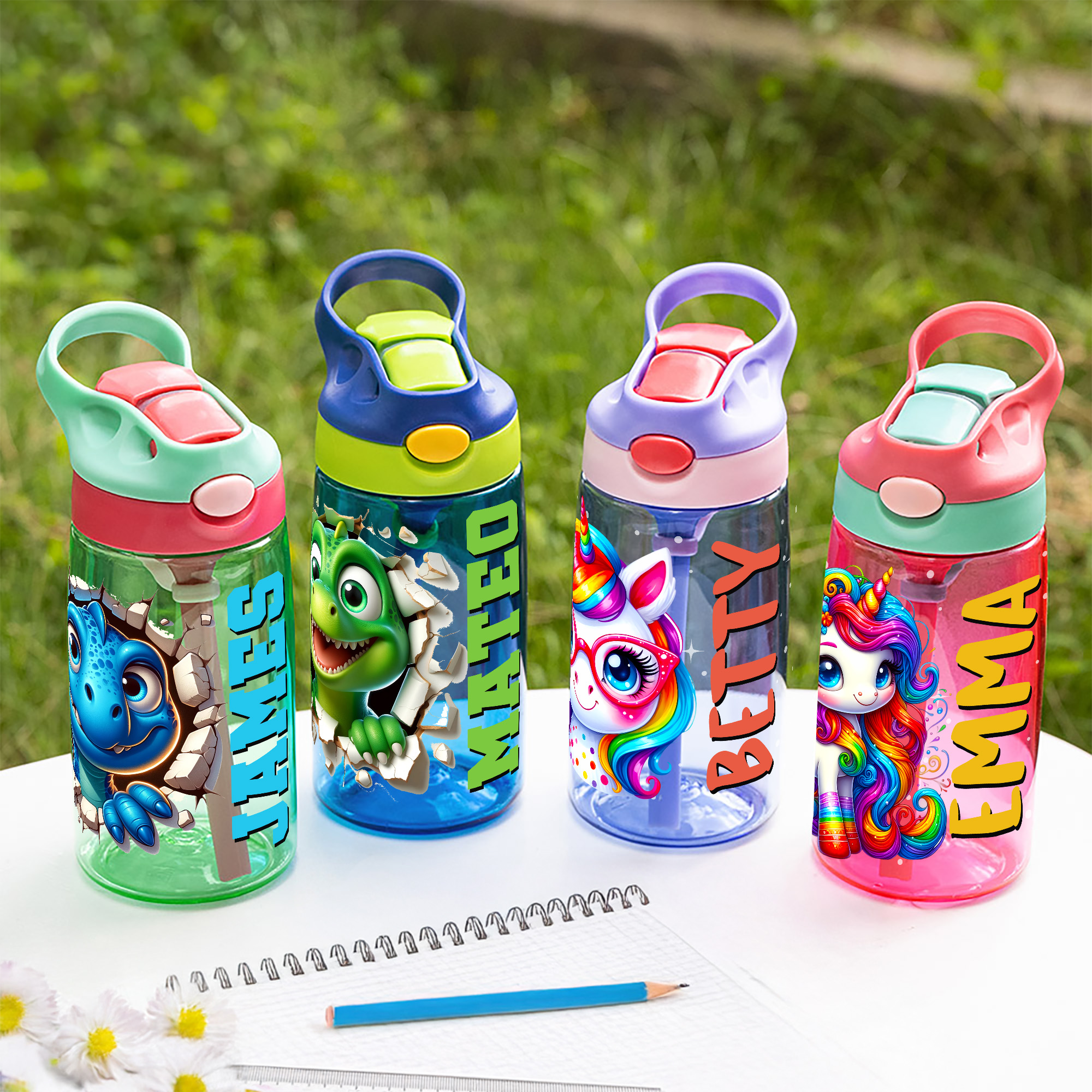 Personalisierte niedliche Dinosaurier Fantasy Einhorn 16 oz Kind Wasserflasche mit Namen und Silikon Stroh Geburtstag zurück zu Schule Geschenk für Jungen Mädchen