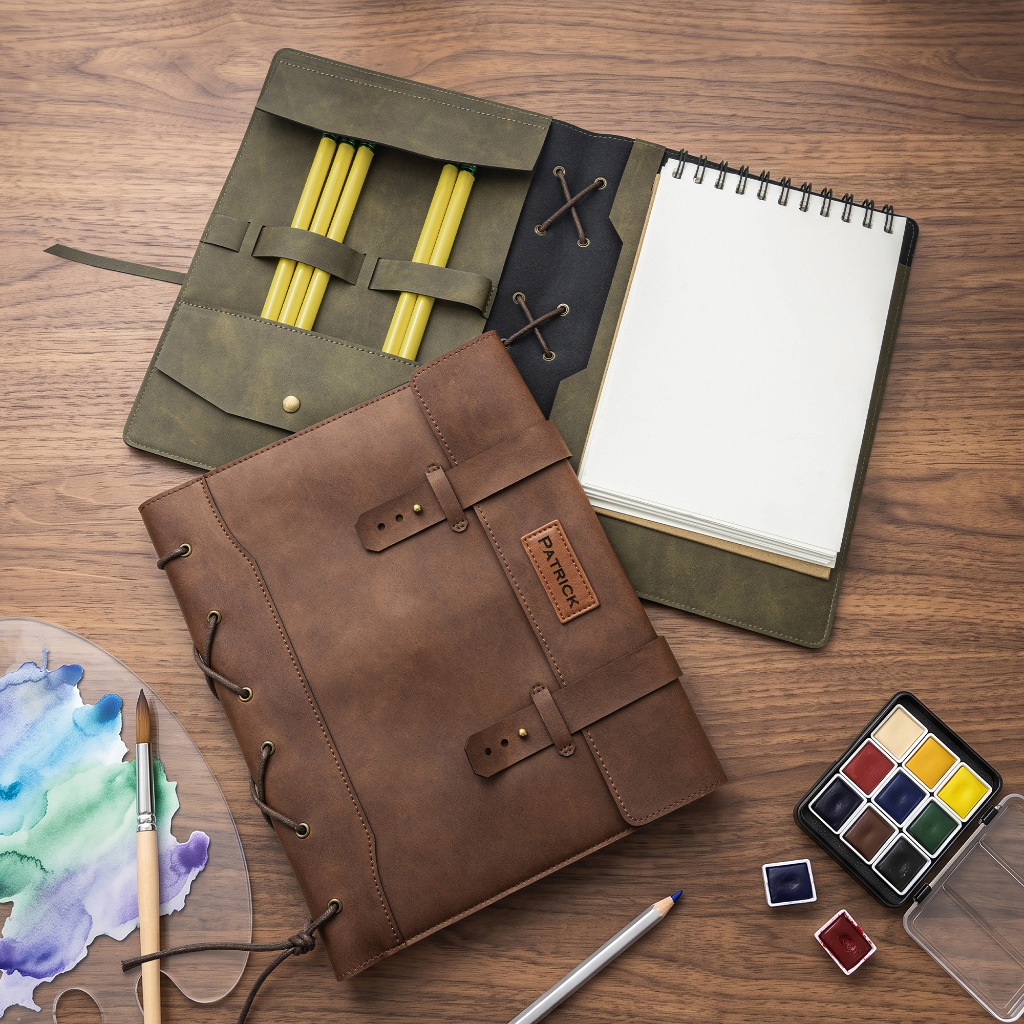 Individuell gestaltete Skizzenbuchhülle im Retro-Stil aus PU-Leder mit Namensaufdruck – ideal zum Skizzieren im Freien, als Geburtstagsgeschenk für Künstler, Maler und Studenten