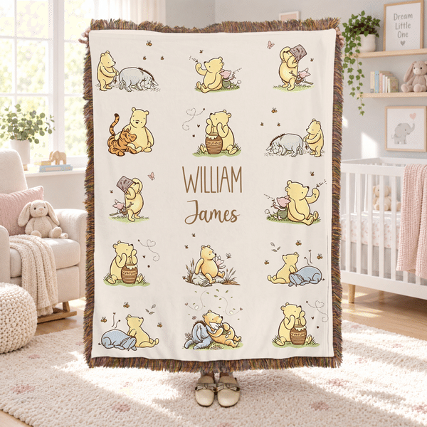 Personalized Classic Winnie the Pooh Tassel Soft Throw Blanket with Name Home Decor Birthday Gift for Kid