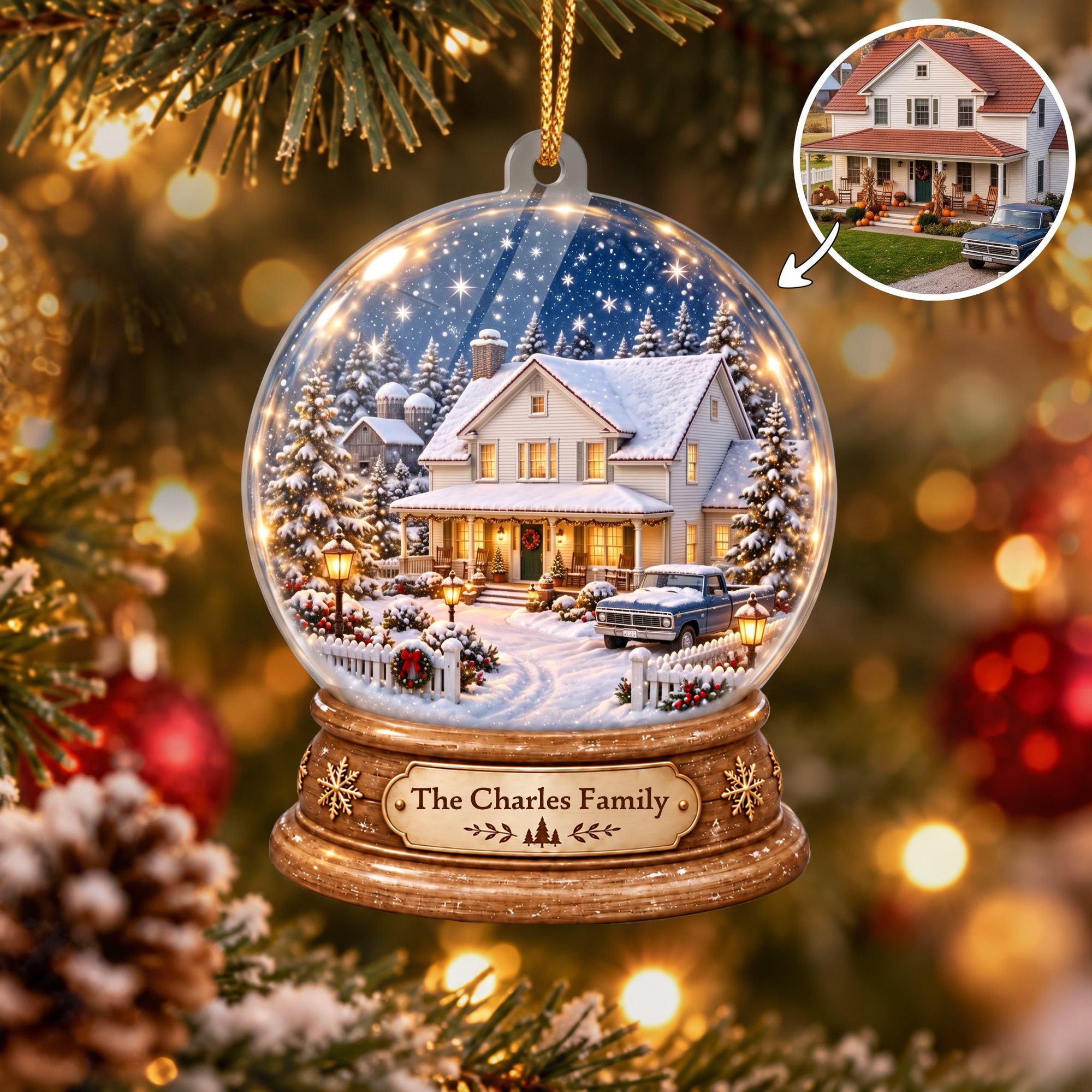 Personalized 3D-Effect Artwork Crystal Ball House Photo Acrylic Ornament with Family Name Christmas Housewarming Gift for New Home Movers Friends