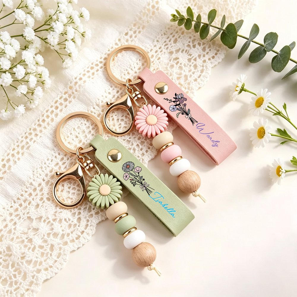 Personalised Birth Flower PU Leather Keyring with Name and Daisy Bead Charm Birthday Wedding Party Gift for Family Besties 4