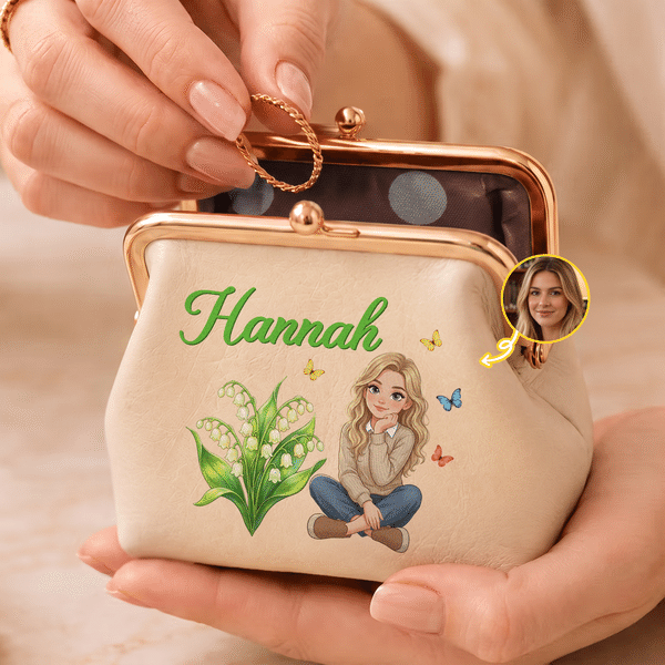 Personalised Multicolour Birth Flower Character Photo PU Leather Coin Handbag with Name Daily Use Birthday Anniversary Gift for Girlfriends Sisters Women
