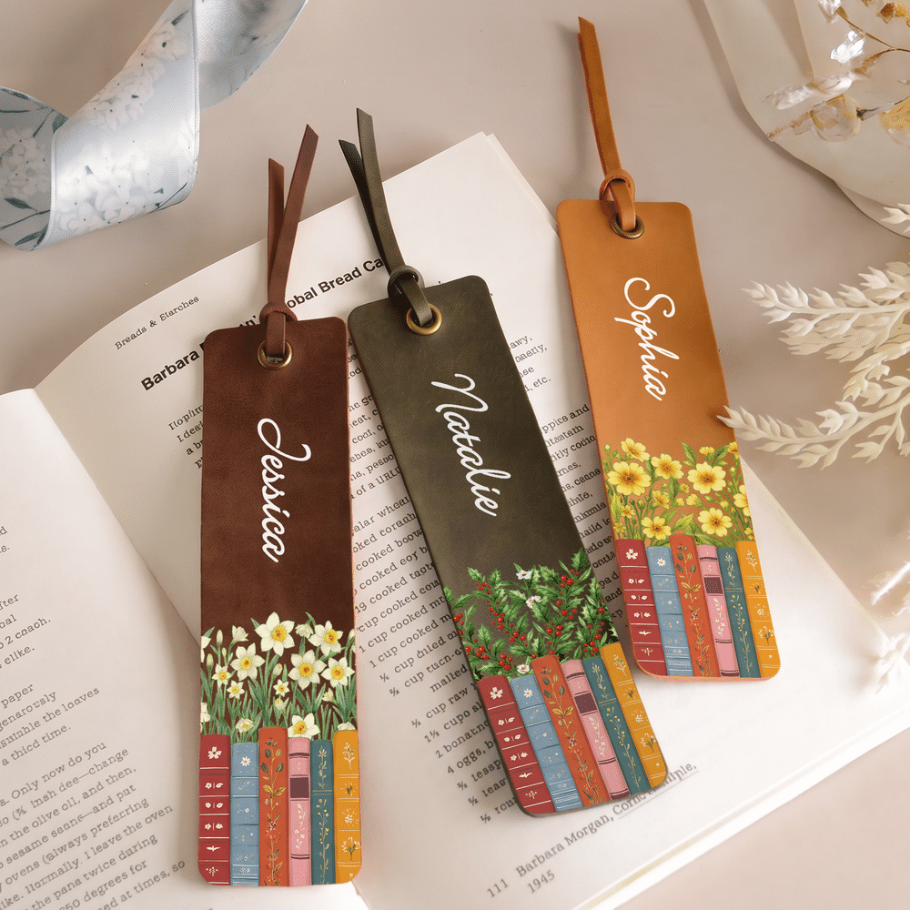 Personalized Birth Flower Book PU Leather Bookmark with Name Reading Accessory Birthday Gift for Bookworms Book Lovers 4