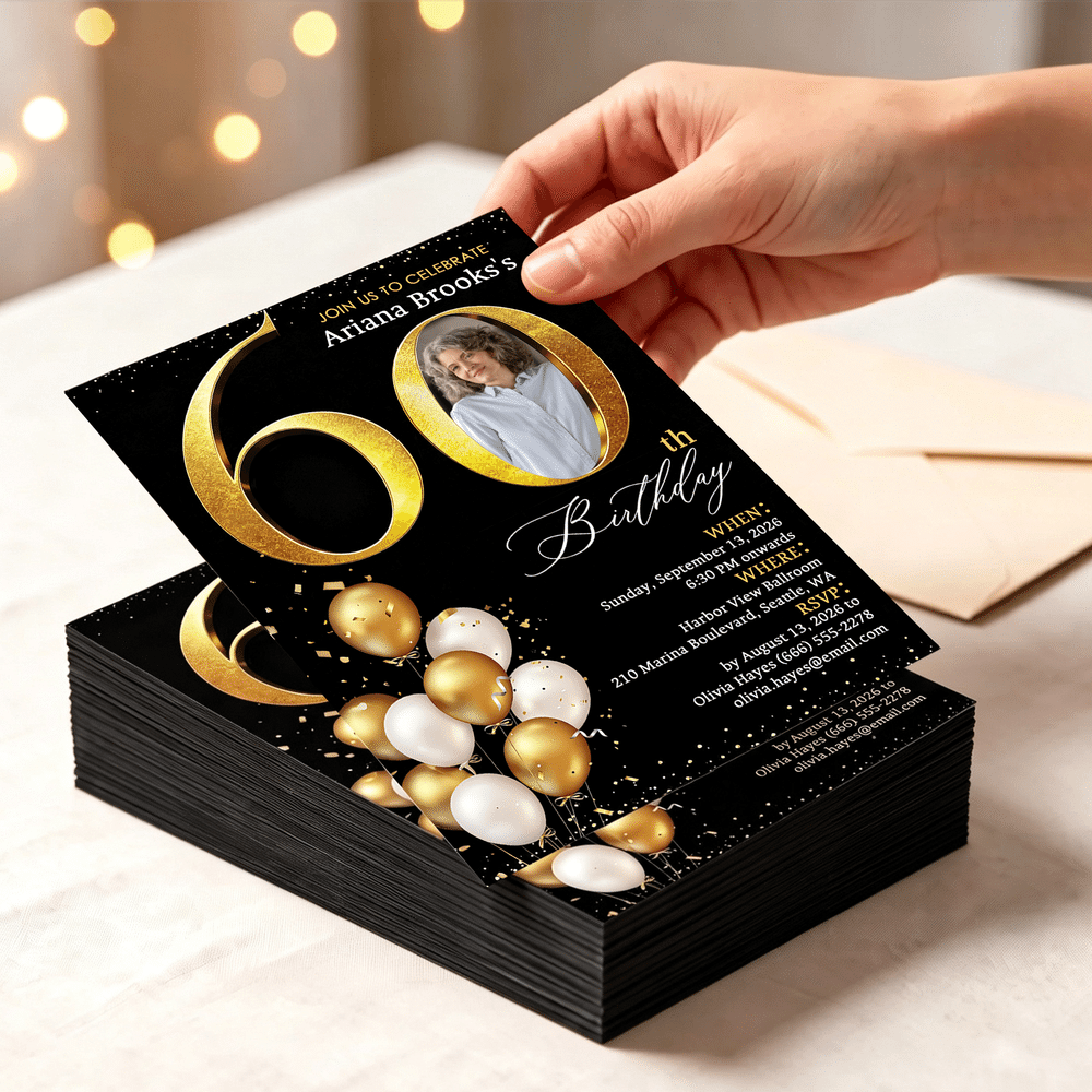 Personalized Golden Balloon Photo Milestone Birthday Party Invitation with Name Initial and Time Birthday Gift for Family Parents 6