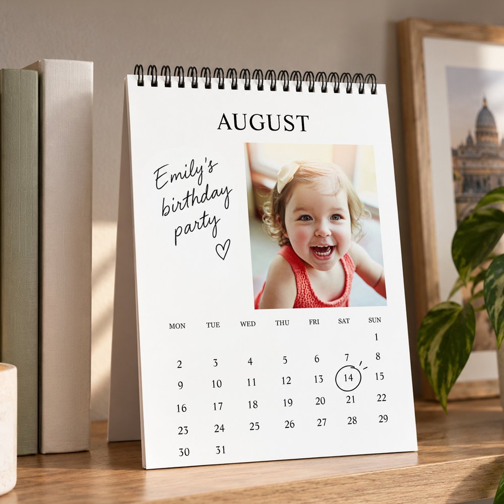 Calendario 2027-2028 con fotos familiares personalizadas y llenas de significado, con texto, para decorar el día a día; recuerdo ideal como regalo de Navidad o de cumpleaños para la familia y los recién casados 3