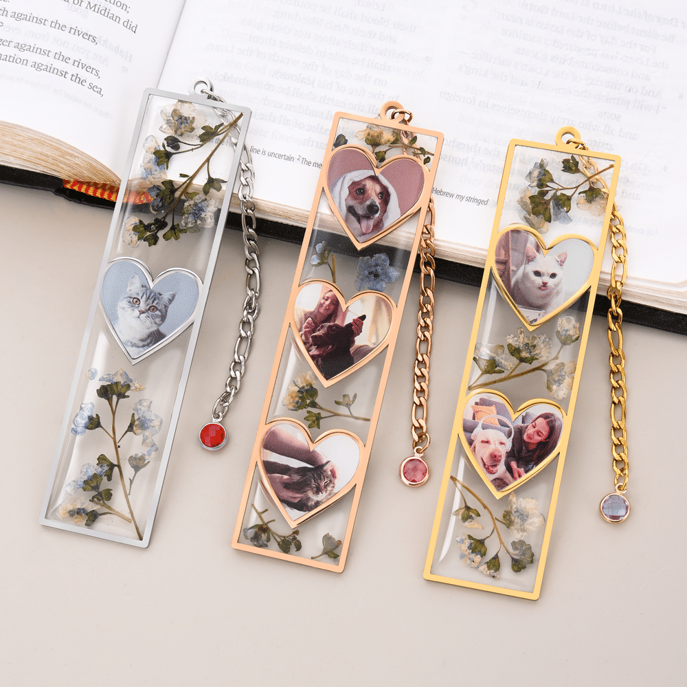 Personalized 1-3 Heart Photos Dried Flower Resin Bookmark with Birthstone Daily Use Birthday Christmas Gift for Pet Owner Bookworm 1