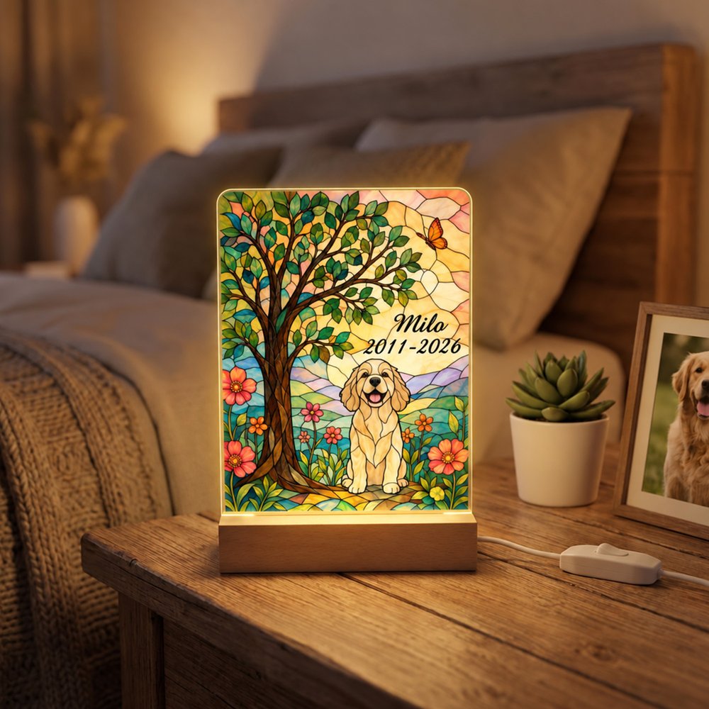Personalised Stained Glass Style Pet Photo Clear Acrylic LED Night Light with Name and Year Pet Memorial Birthday Anniversary Gift for Pet Owners 4