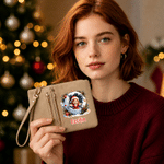 Personalized 3D-Effect Artwork Christmas Photo PU Leather Tri-Fold Wallet with Name and Wrist Strap Christmas Gift for Woman Mother