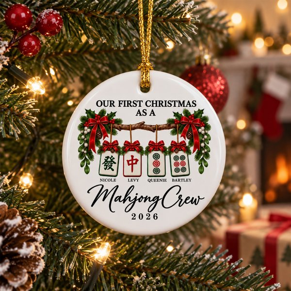 Personalized Our First Christmas As A Mahjong Crew Ceramic Ornament with 2-5 Names Christmas Tree Decor Mahjong Night Gift for Mahjong Group
