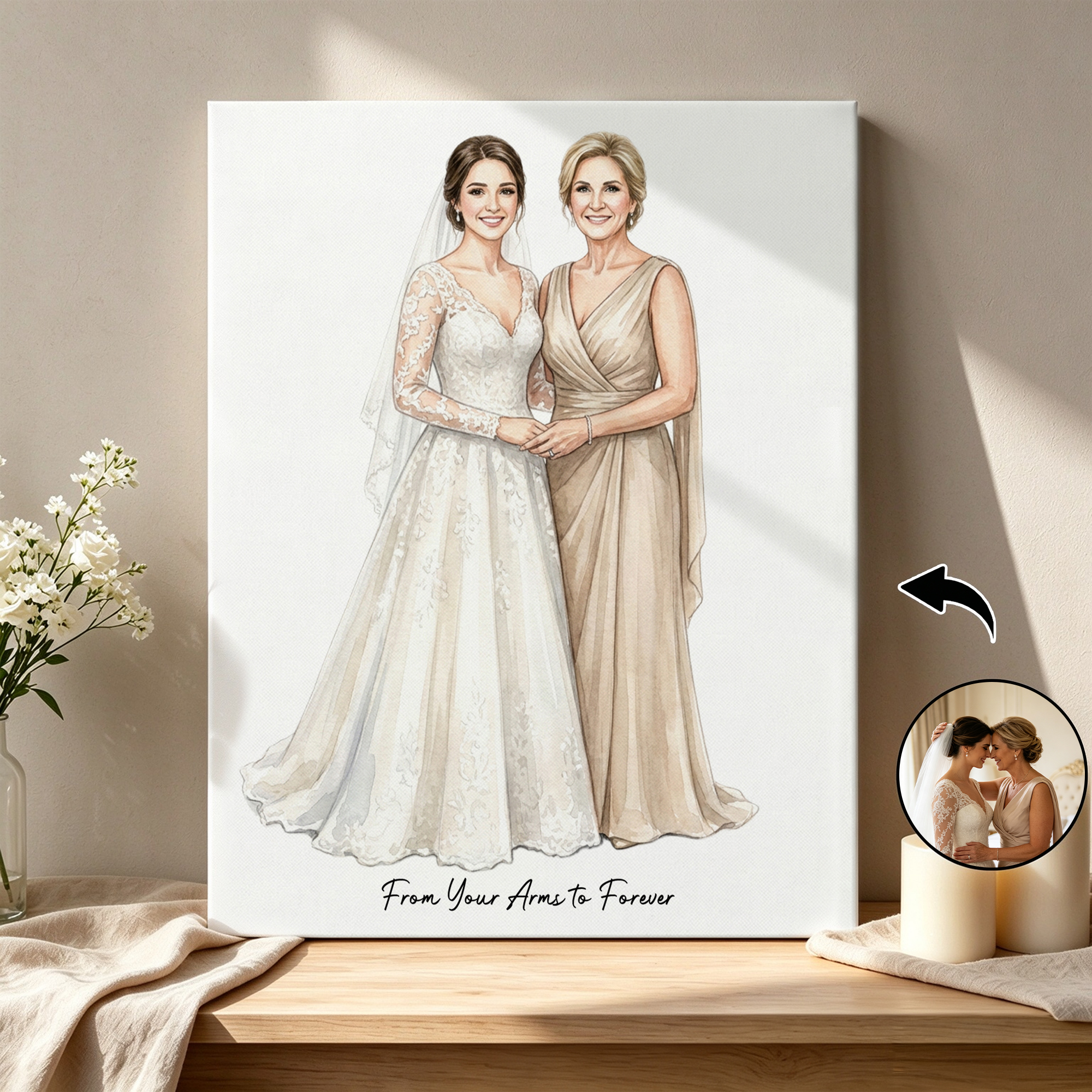Personalised Minimalist Watercolor Group Photo Canvas Prints with Text Bedroom Decor Wedding Anniversary Gift for Mother Bride