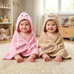 Personalized Puppy Bear Animal Design Coral Fleece Hooded Towel with Embroidered Name Bath Essential Baby Shower Birthday Gift for Baby Kid