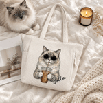 Personalized Funny Pet Portrait Coffee Pattern Corduroy Tote Bag with Name Daily Use Birthday Gift for Friends Pet Owner Lover