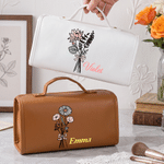 Borsa da trucco personalizzata in pelle PU impermeabile con il fiore del mese di nascita e nome, ideale per i viaggi, regalo di compleanno o di Natale per un'amica, la mamma o la fidanzata