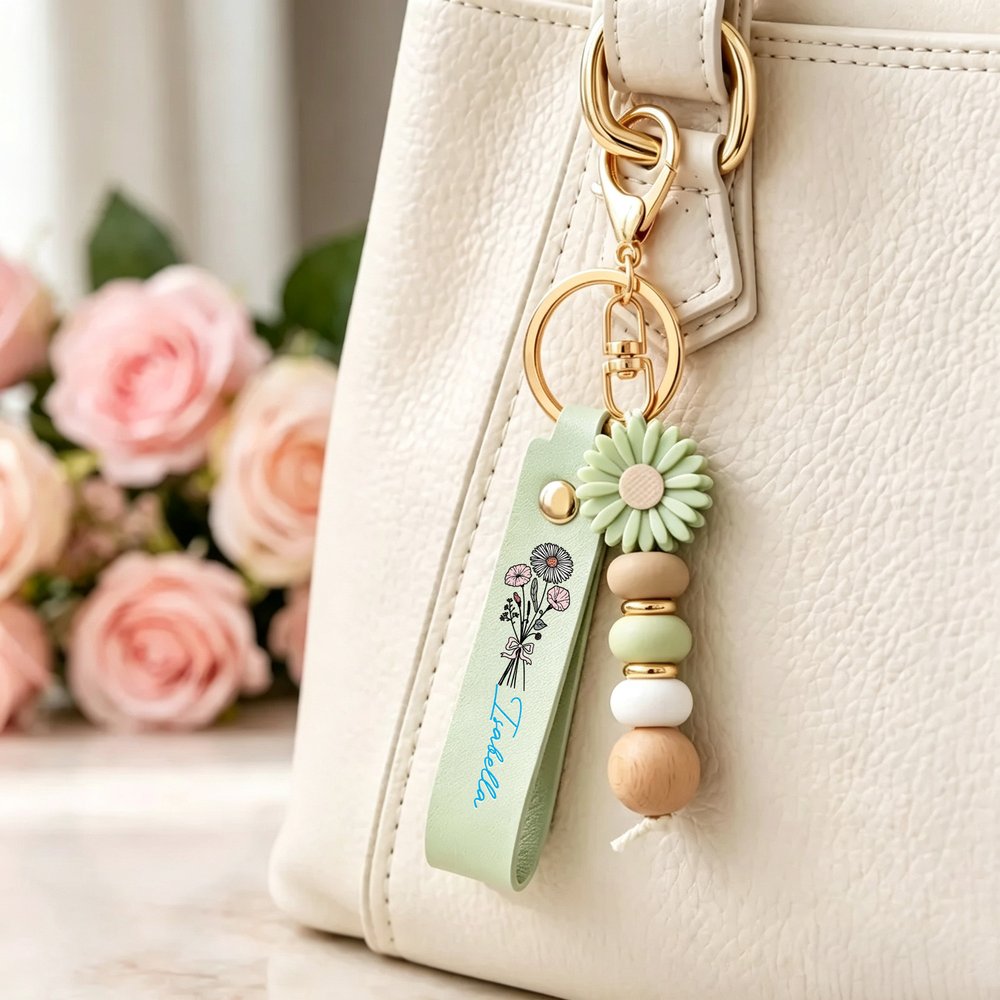 Personalised Birth Flower PU Leather Keyring with Name and Daisy Bead Charm Birthday Wedding Party Gift for Family Besties 7