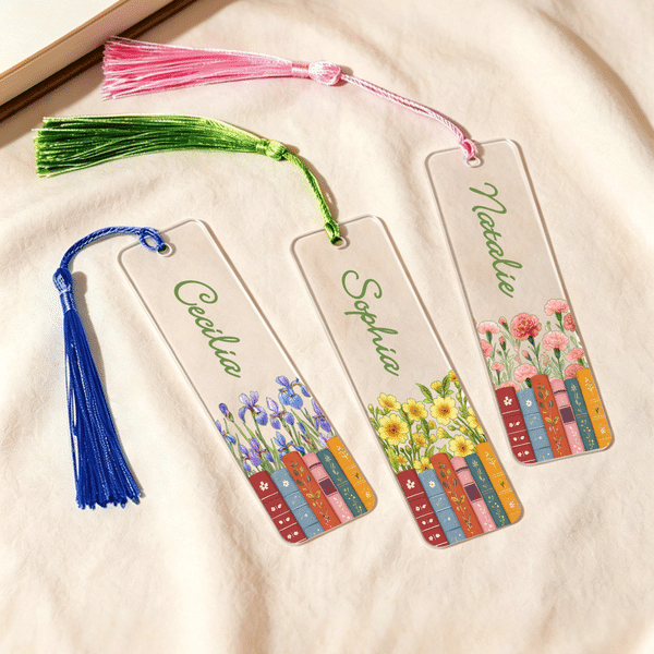 Personalised Birth Flower Book Acrylic Bookmark with Name and Tassel Reading Supplies Book Club Birthday Gift for Reader Book Lover