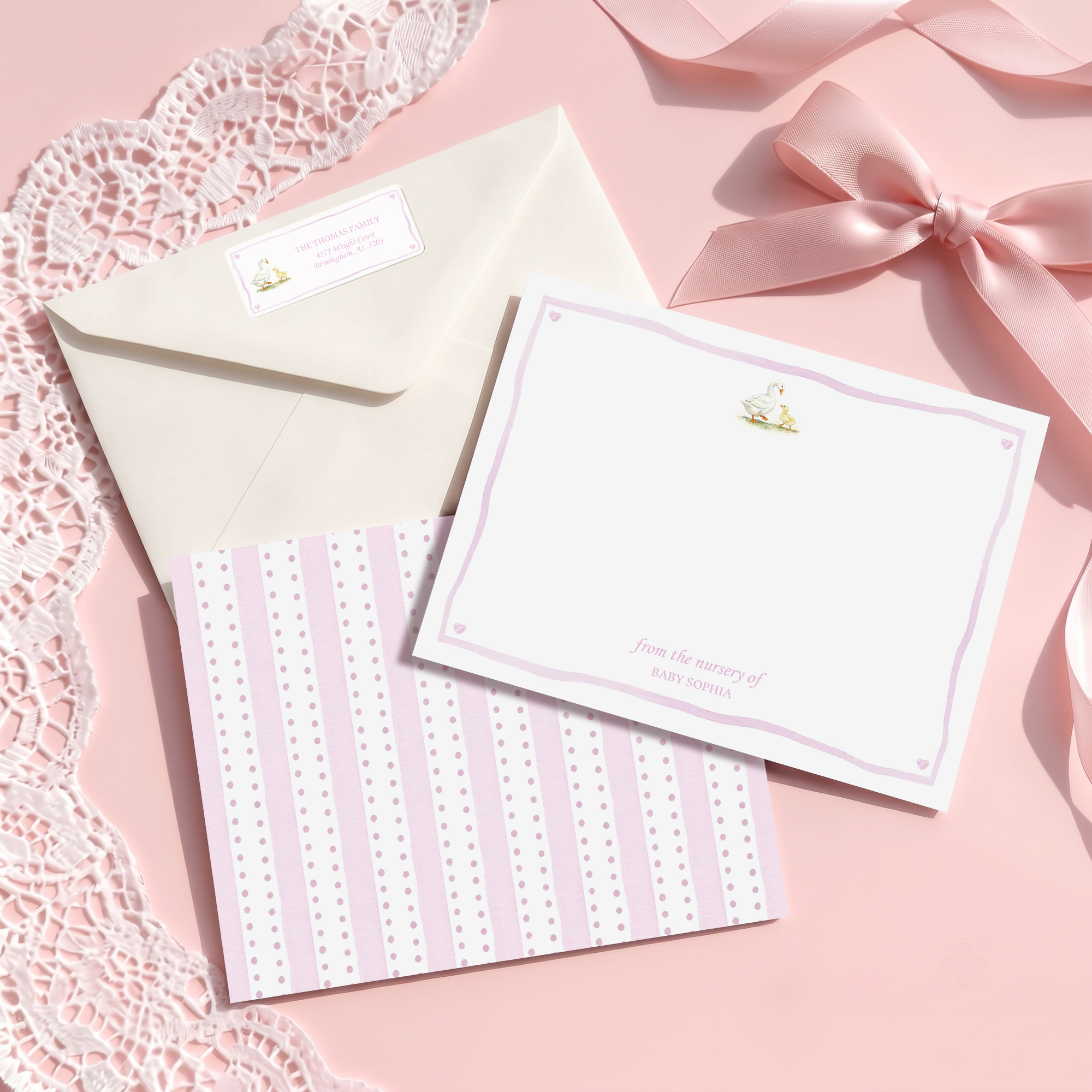 Individuell gestaltete flache Grußkarte im Aquarellstil mit Gänsemotiv und Namens- sowie Adressaufkleber – 20er-Set – Dankeschön-Geschenk zur Babyparty für frischgebackene Eltern, Mütter und Babys