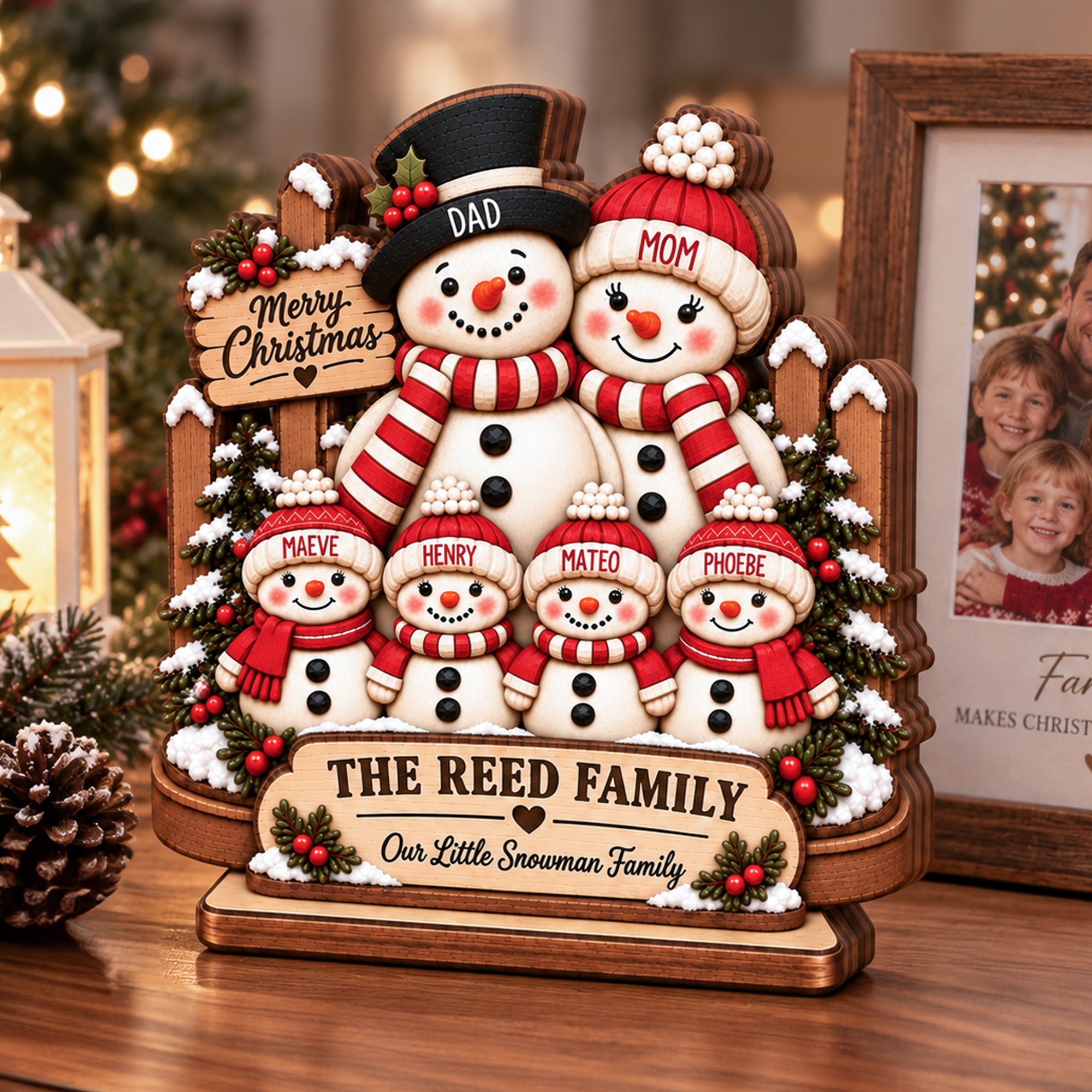 Personalized Merry Christmas Cartoon Snowman Family Layered Wooden Decoration with Title and Names Desk Decor Christmas Gift for Kids Family