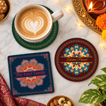 Gepersonaliseerde keramische onderzetter met Diwali-thema, in de vorm van een mandala, cirkel of vierkant, met naam – een Diwali-cadeau voor dagelijks gebruik voor familie en vrienden