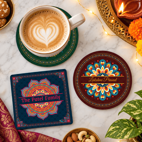 Gepersonaliseerde keramische onderzetter met Diwali-thema, in de vorm van een mandala, cirkel of vierkant, met naam – een Diwali-cadeau voor dagelijks gebruik voor familie en vrienden