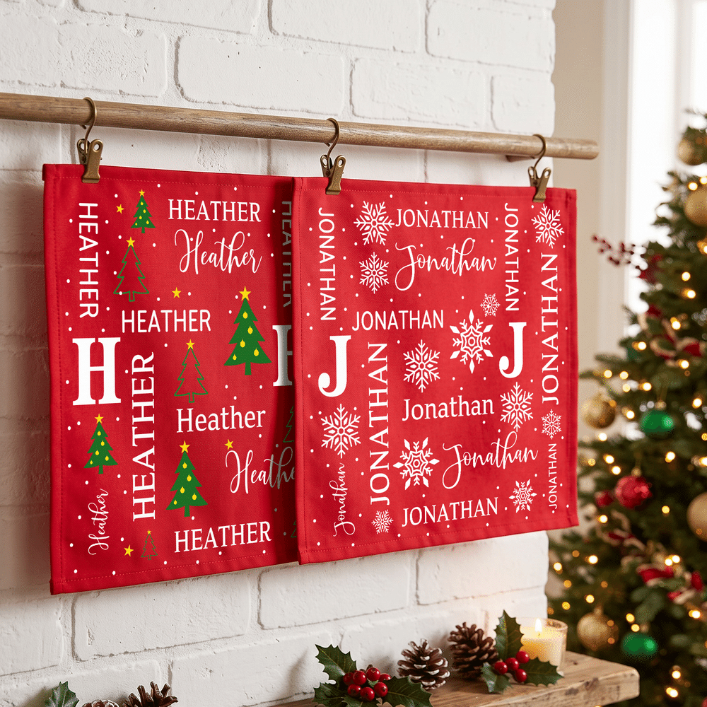 Personalized Christmas Theme Pattern 100% Cotton Reusable Red Napkin with Word Cloud Name Table Decor Christmas Gift for Family Friend 3