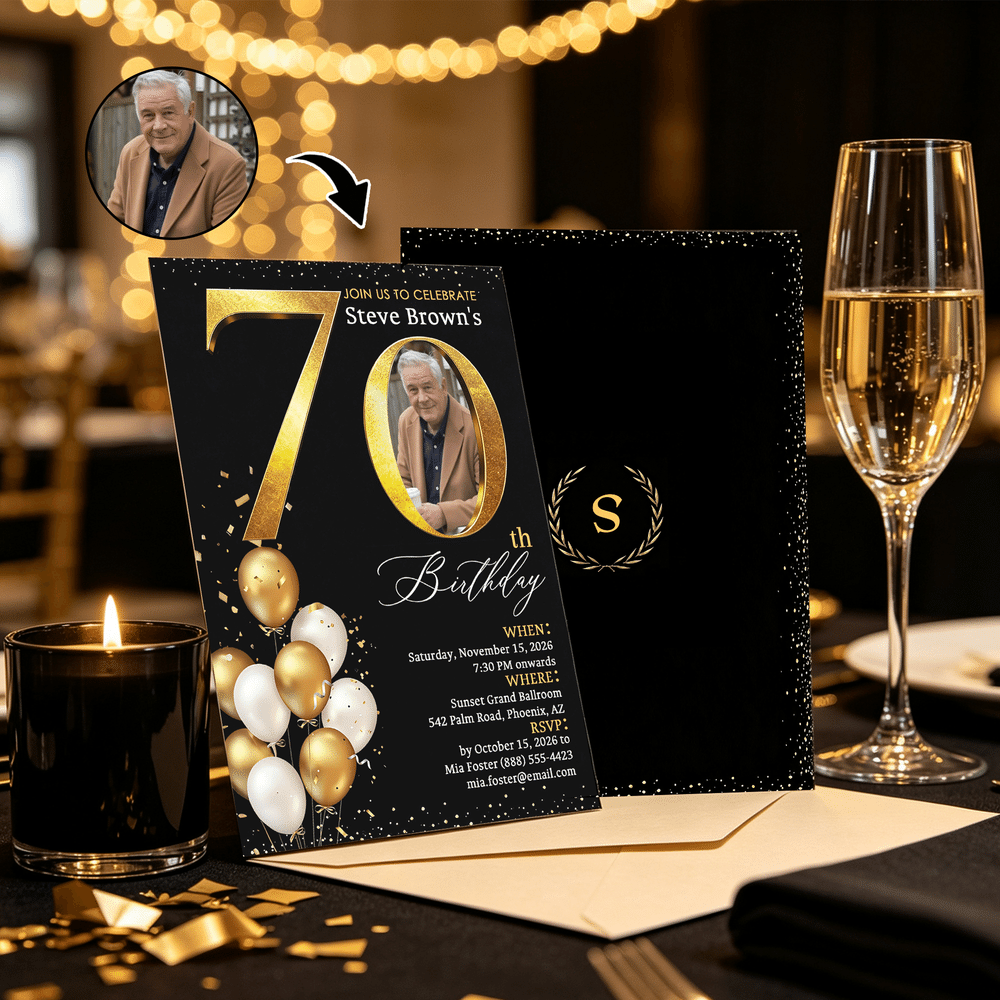 Personalized Golden Balloon Photo Milestone Birthday Party Invitation with Name Initial and Time Birthday Gift for Family Parents 4