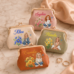 Personalised Multicolour Birth Flower Character Photo PU Leather Coin Handbag with Name Daily Use Birthday Anniversary Gift for Girlfriends Sisters Women