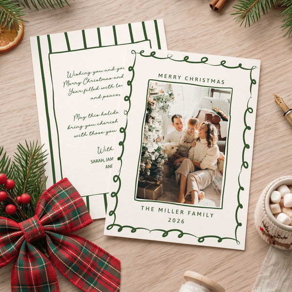 Personalisierte Fotogrußkarte mit Doodle-Rahmen im Weihnachtsdesign, mit Text und Titel – Weihnachtsgeschenk für Familie und Freunde