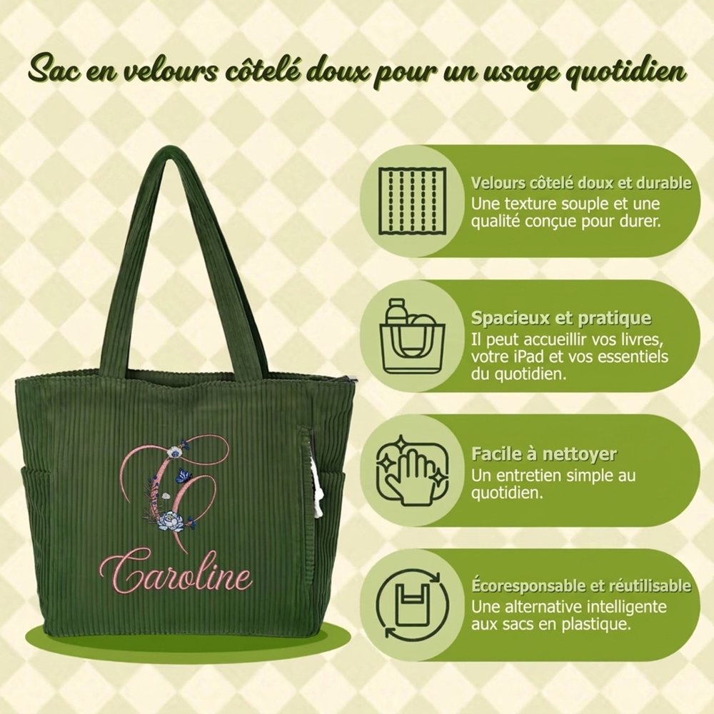 Sac fourre-tout en velours côtelé personnalisé avec nom initiale brodés - Sac de grande capacité - Cadeau d'usage quotidien pour les femmes 10
