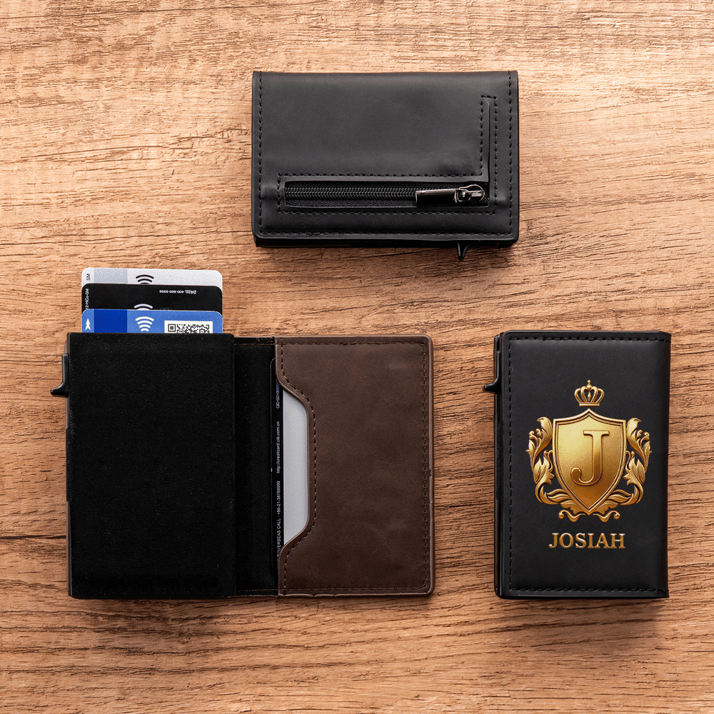 Personalized 3D-Effect Artwork Crown Shield PU Leather RFID Blocking Pop Up Wallet with Name and Card Slots Business Trip Christmas Gift for Man 7