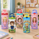 Botella térmica personalizada de 12 oz con foto infantil en estilo pixel art, con pajita y asa. Regalo para la vuelta al cole, cumpleaños o Navidad, para niños y niñas