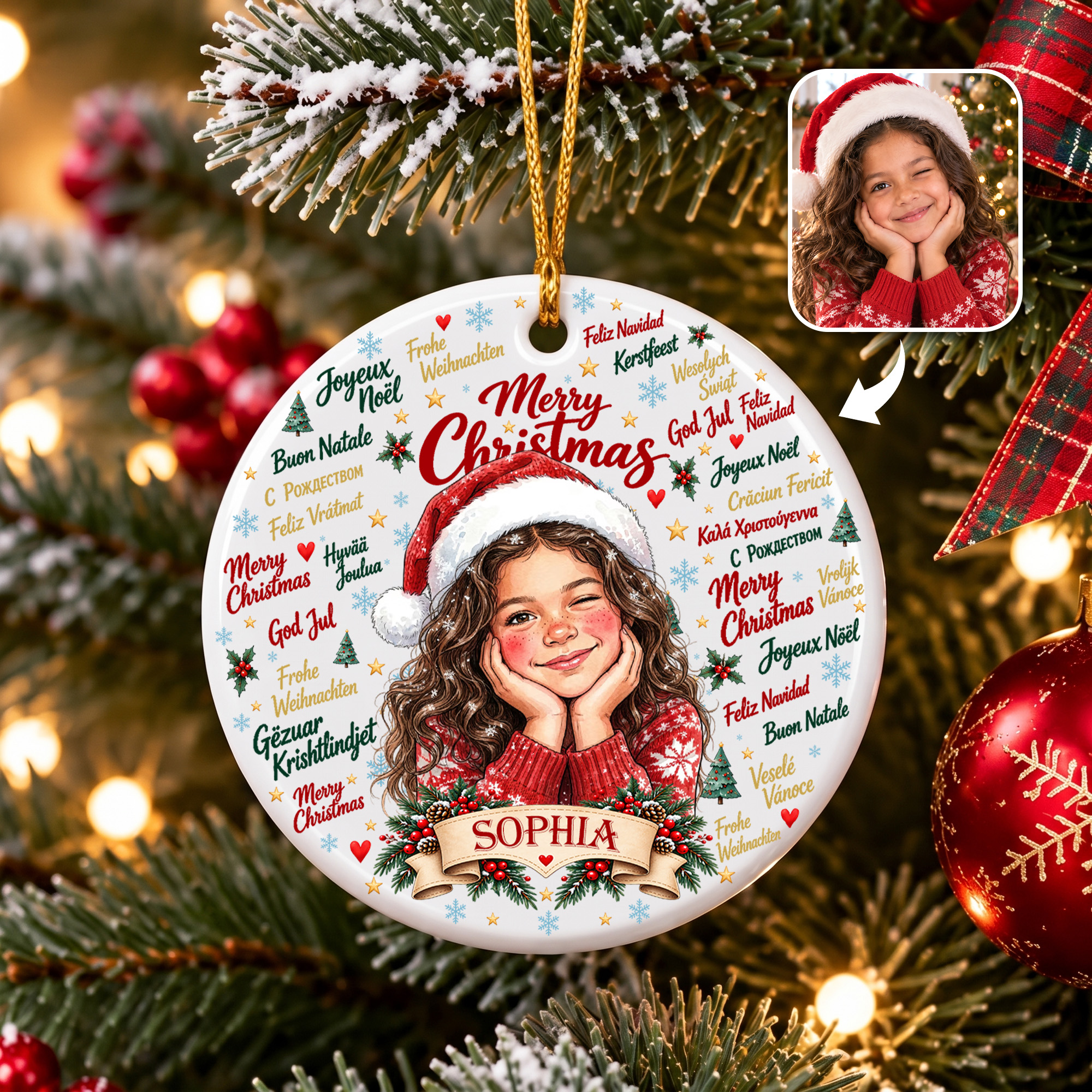 Personalised Multilingual Merry Christmas Vintage American Style Portrait Ceramic Ornament with Name Christmas Gift for Kids Family Friends
