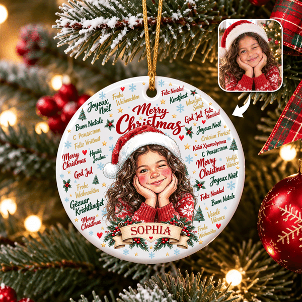 Personalized Multilingual Merry Christmas Vintage American Style Portrait Ceramic Ornament with Name Christmas Gift for Kids Family Friends