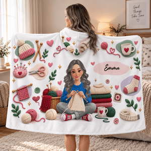 Personalised 3D-Effect Art ‍Crochet Cartoon Character Warm Soft Hooded Blanket with Name Home Decor Birthday Gift for Mum Knitting Crochet Lover