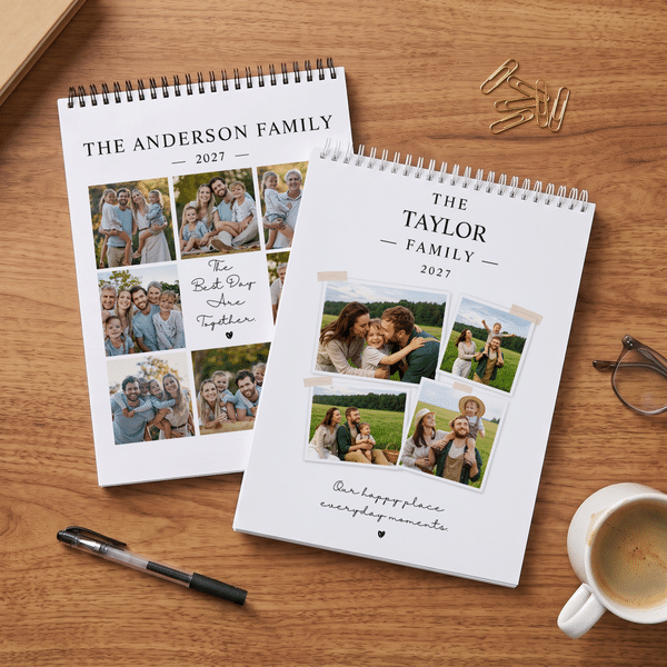 Calendario 2027-2028 con fotos familiares personalizadas y llenas de significado, con texto, para decorar el día a día; recuerdo ideal como regalo de Navidad o de cumpleaños para la familia y los recién casados