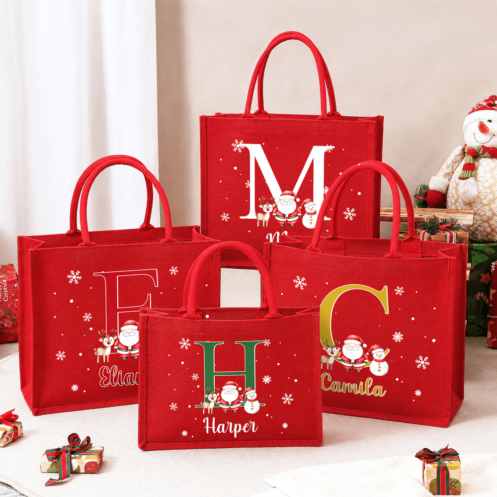 Bolso de lino rojo de gran capacidad con diseño personalizado de Papá Noel y un alce, con nombre e iniciales. Regalo para fiestas navideñas para niños, familiares y amigos. 5