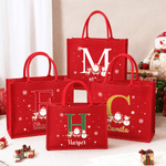 Bolso de lino rojo de gran capacidad con diseño personalizado de Papá Noel y un alce, con nombre e iniciales. Regalo para fiestas navideñas para niños, familiares y amigos. 5
