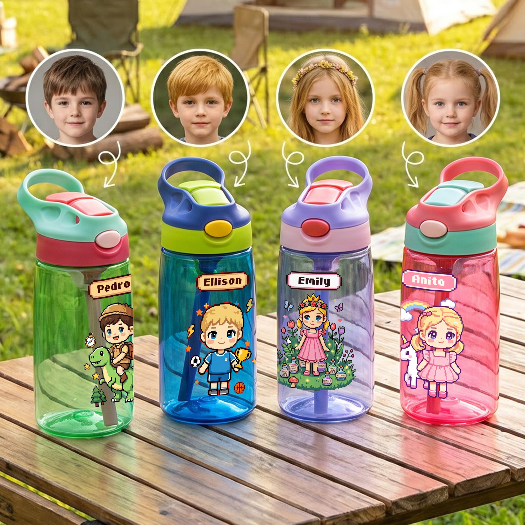 Personalisierte Kinder-Trinkflasche im Pixel-Art-Stil mit Foto und Namen, 16 oz, mit Silikonstrohhalm und Tragegriff – Schulanfangs- und Weihnachtsgeschenk für Schüler