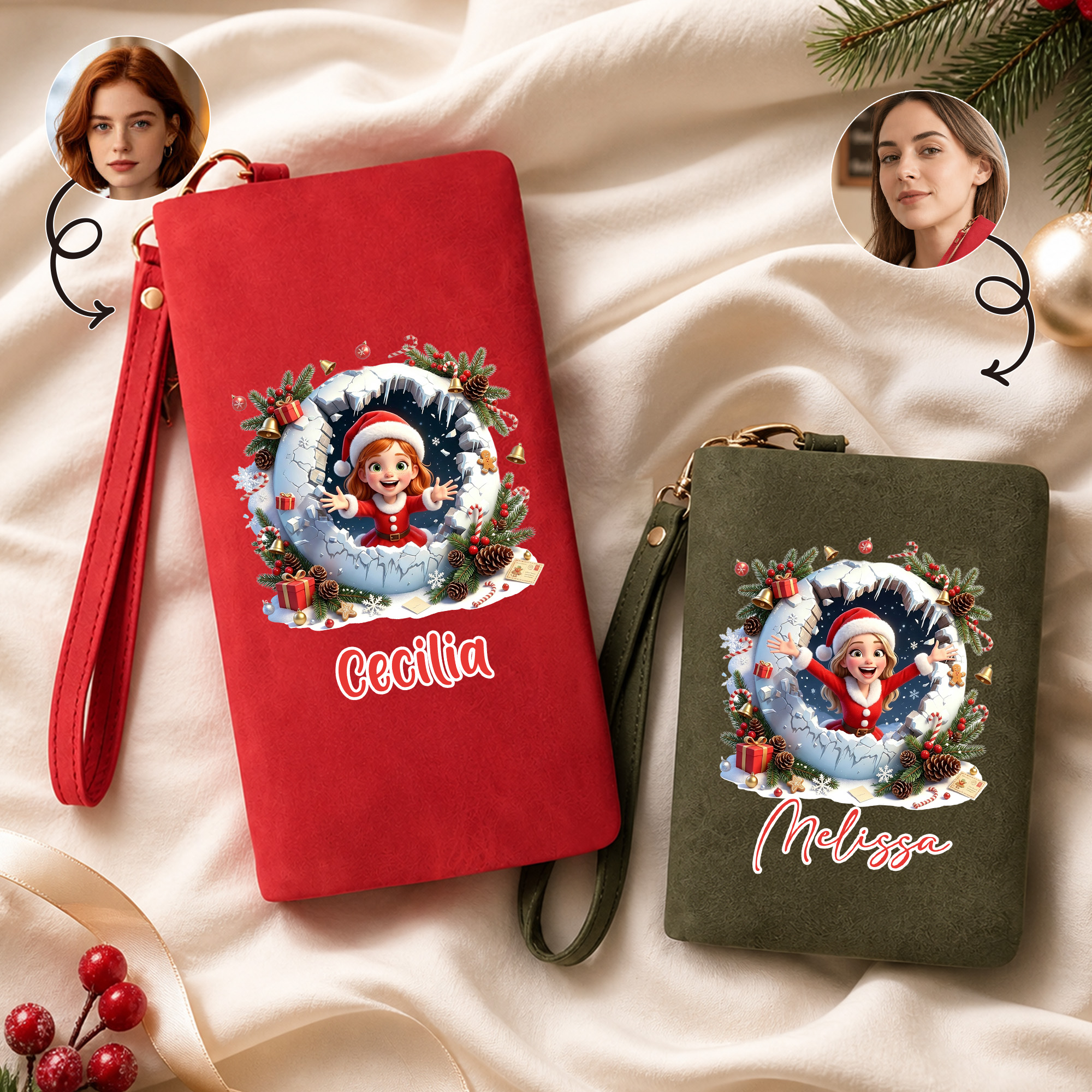 Individuell gestaltete 3D-Effekt-Kunstdruck-Weihnachts-Fotobroschüre aus PU-Leder mit Namen und Handgelenkband – Weihnachtsgeschenk für Frauen und Mütter