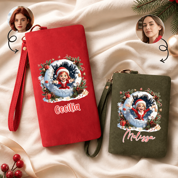Personalized 3D-Effect Artwork Christmas Photo PU Leather Tri-Fold Wallet with Name and Wrist Strap Christmas Gift for Woman Mother