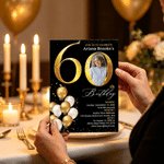 Personalized Golden Balloon Photo Milestone Birthday Party Invitation with Name Initial and Time Birthday Gift for Family Parents 3